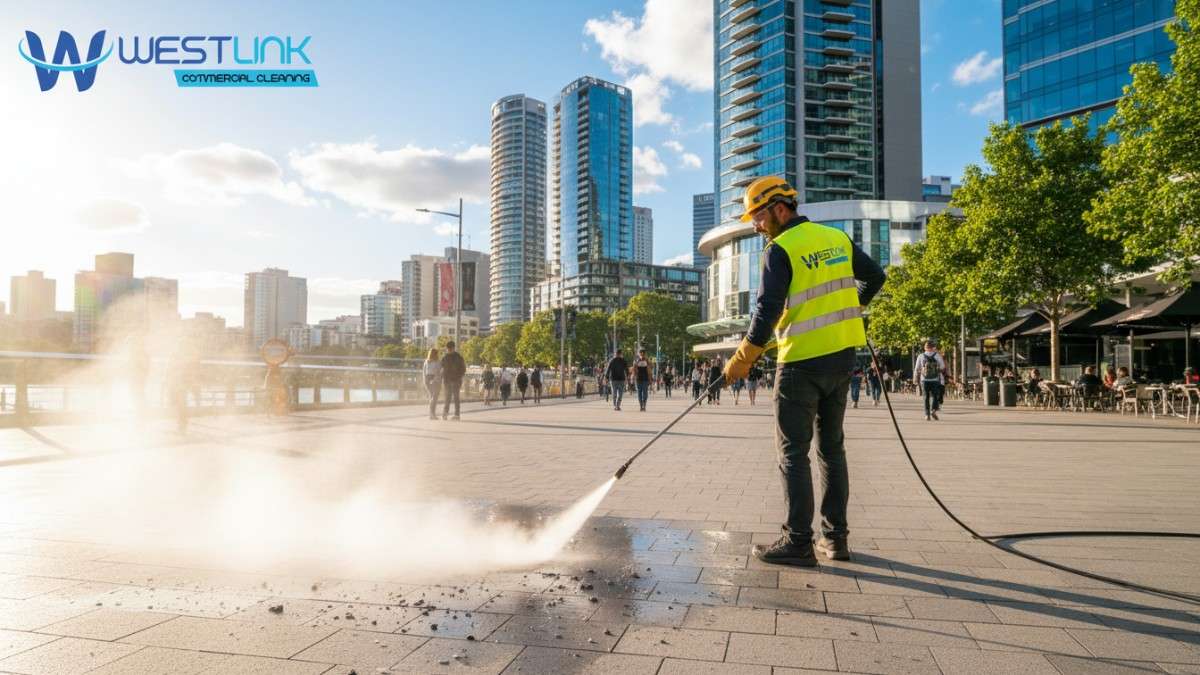 Pressure cleaning professional removing chewing gum from concrete pavement in Parramatta, Sydney, Australia
