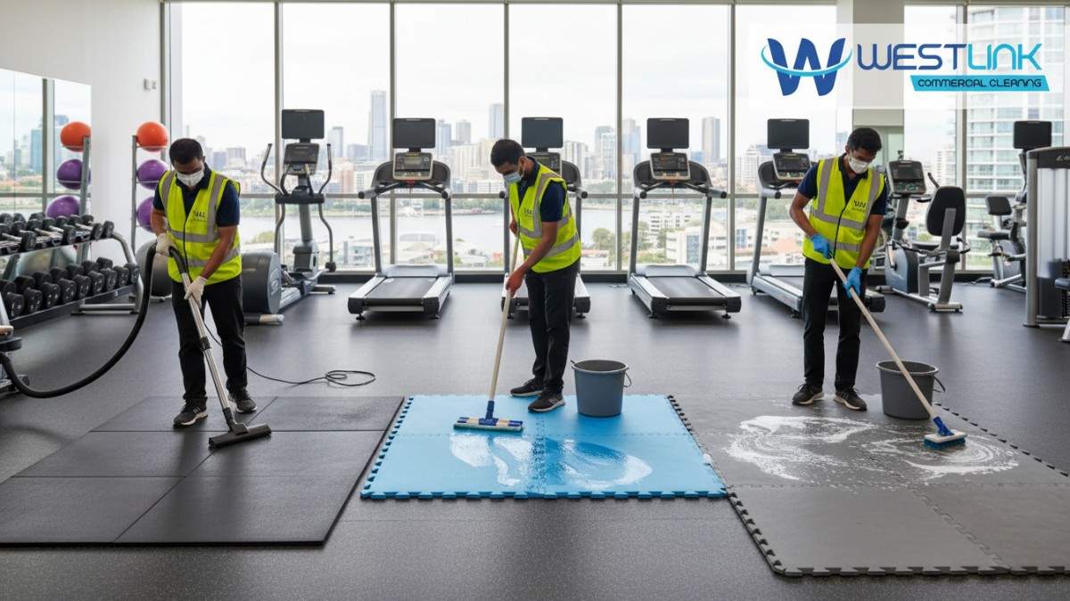 Realistic illustration of various commercial gym mats (rubber, foam, and interlocking PVC) being cleaned using tailored methods in a modern gym setting in Parramatta, Sydney, NSW, Australia.