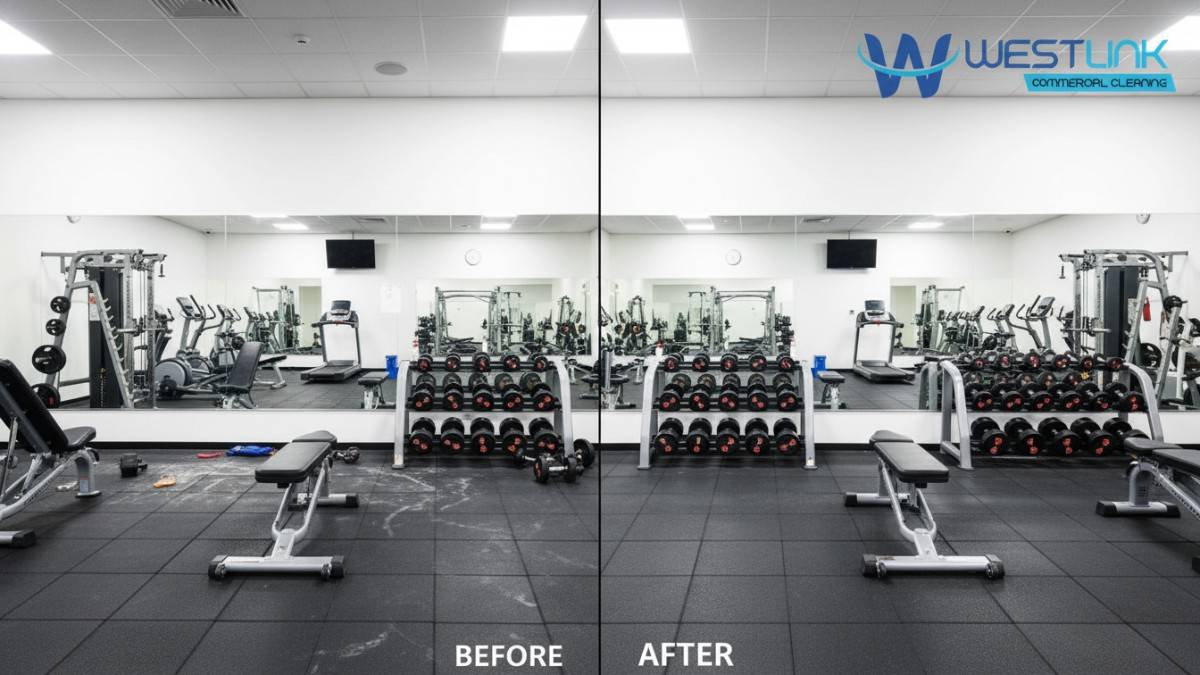 Before and after comparison of a commercial gym cleaning, showing dusty vs. perfectly clean mirrors, floors, and equipment.