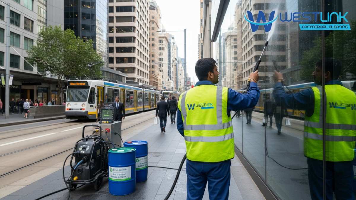 Pressure cleaning crew using water recycling system on high-rise in Haymarket NSW 2000, with compliance meter and eco-certified products.
