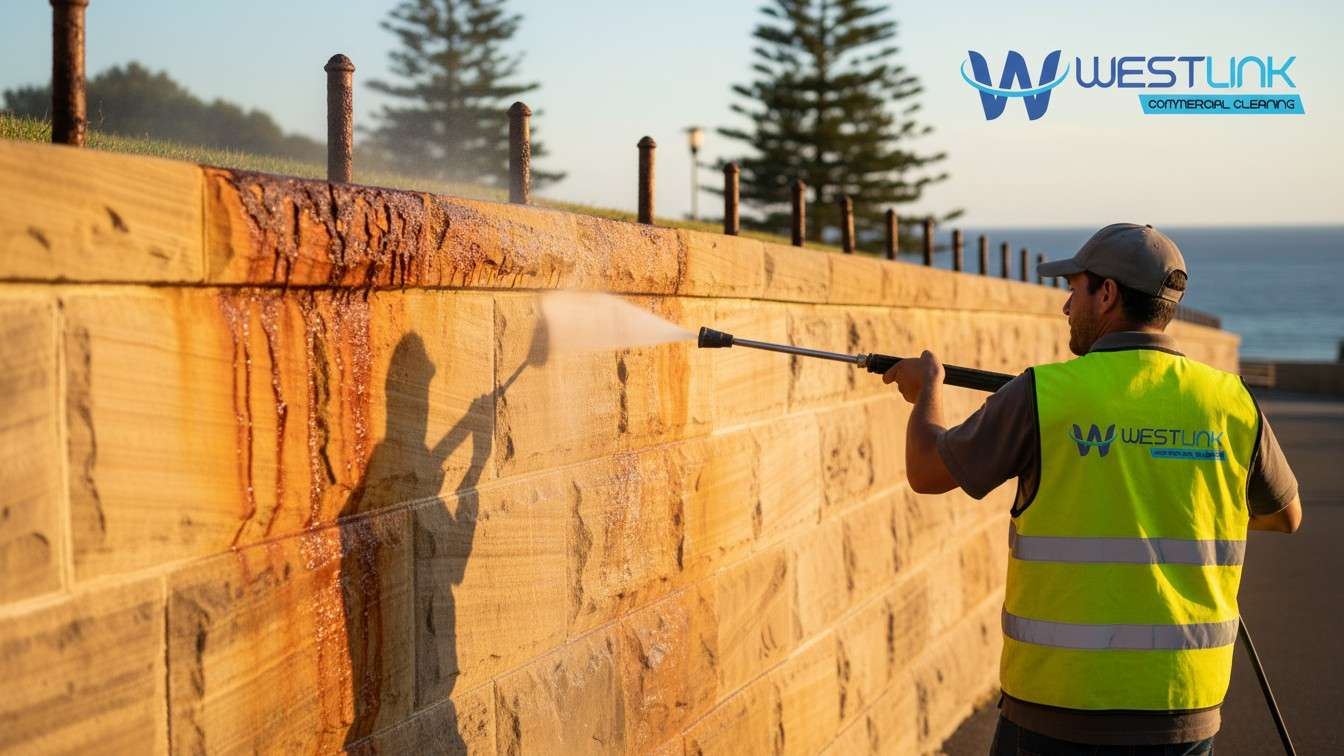 Pressure washing orange rust stains off a heritage sandstone wall in Manly, revealing clean golden stone underneath.
