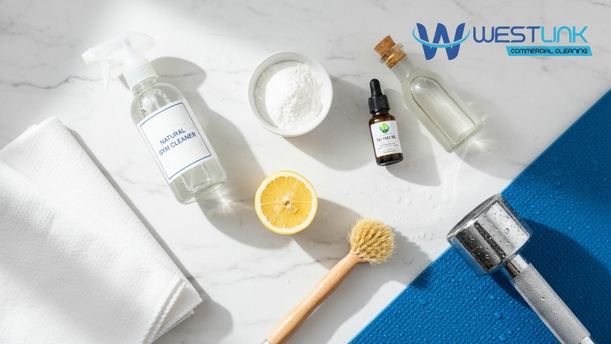 Flat-lay of eco-friendly homemade cleaning supplies (vinegar, lemon, baking soda, microfiber cloths) alongside sparkling clean dumbbell, yoga mat, and treadmill handle.