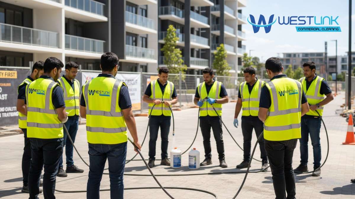 Instructors guiding westlink commercial technicians in safe pressure cleaning practices at a site in Waterloo, focusing on hazard prevention.