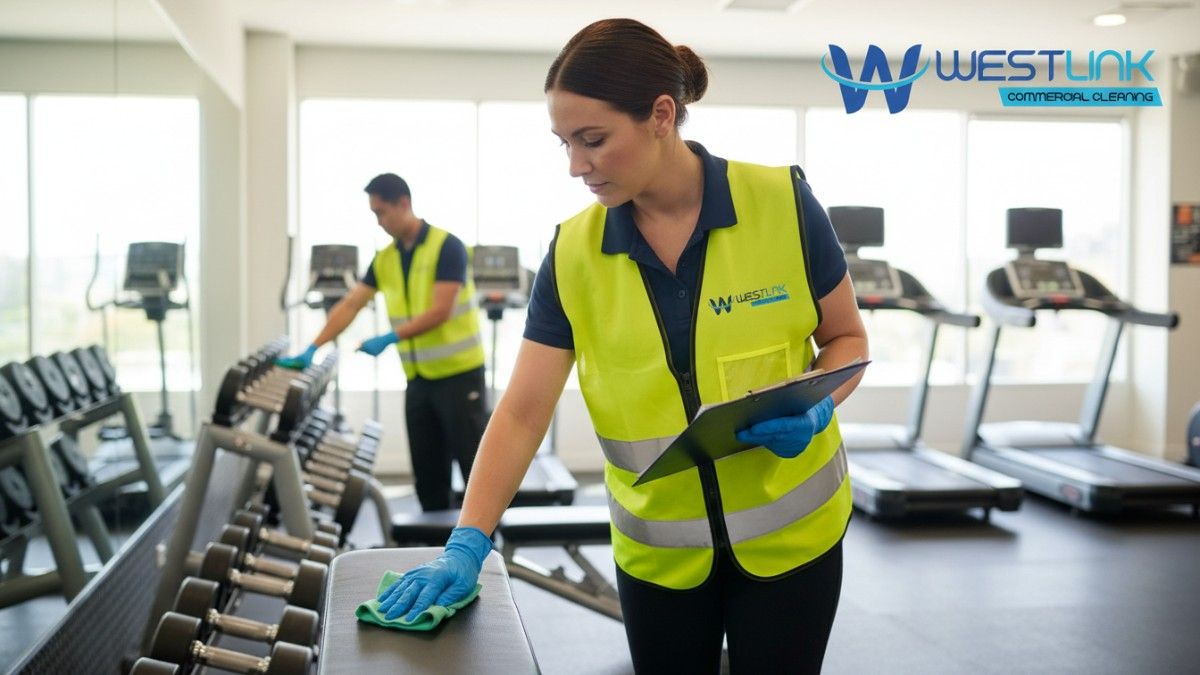 Flat-lay photo of a gym cleaning checklist on a clipboard placed on a gym floor, surrounded by yellow cleaning cloths, disinfectant spray, gloves, and gym weights.