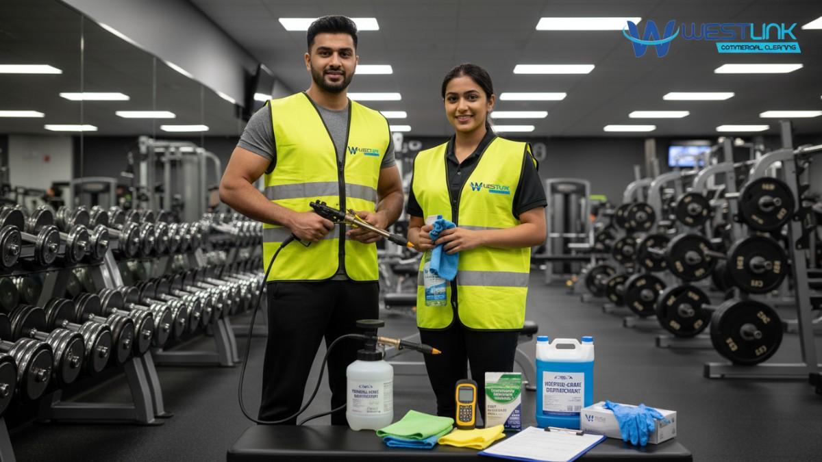 Professional cleaning team in bright yellow branded vests displaying all required tools and equipment for thorough dumbbell and free-weight sanitization in a commercial gym.
