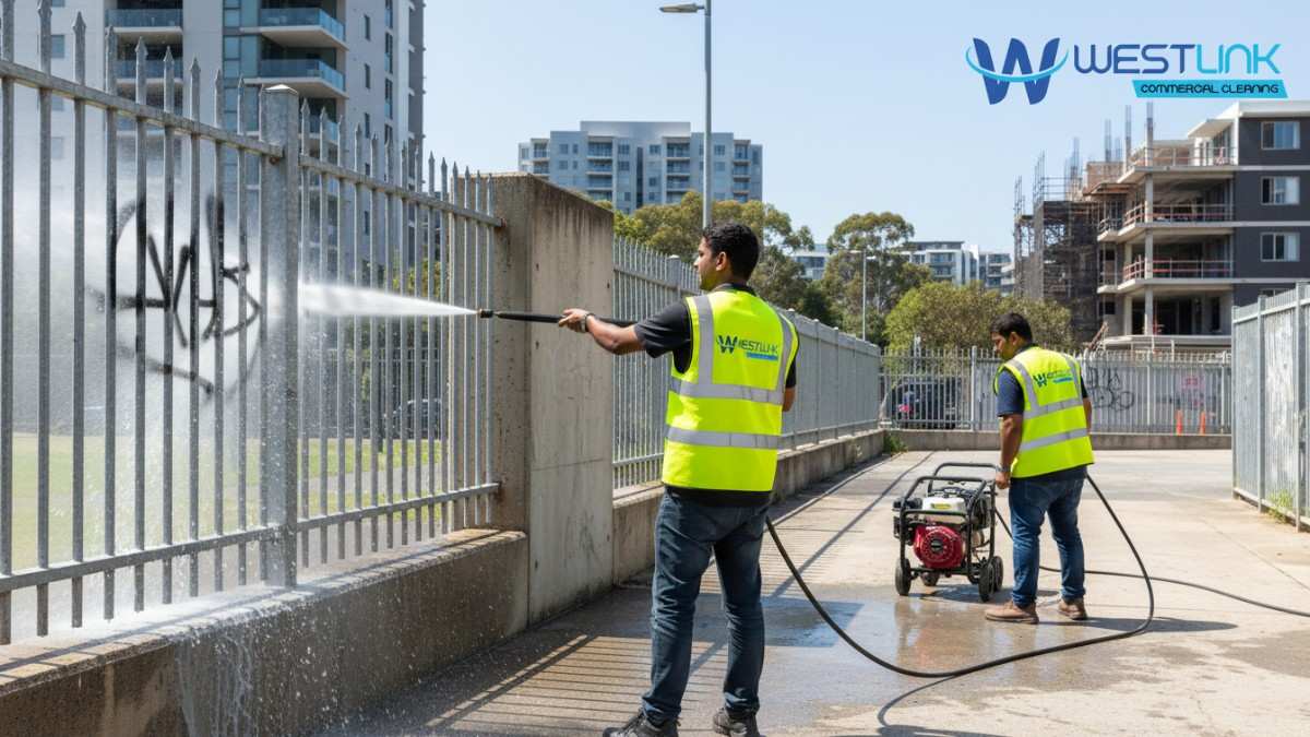 Westlink Commercial Specialists using pressure cleaners to remove vandalism graffiti from a fence in Waterloo, with suburban development in view.