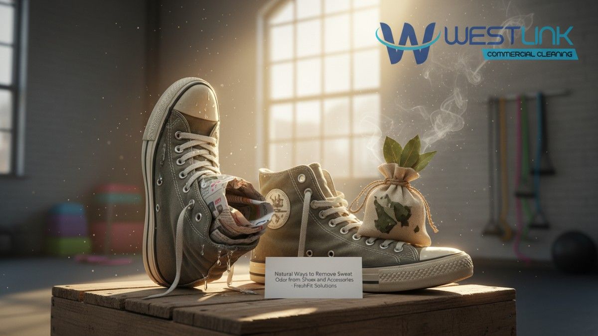 Macro close-up in Waterloo loft gym: vinegar-soaked newspaper and eucalyptus sachet treating sweaty sneakers.