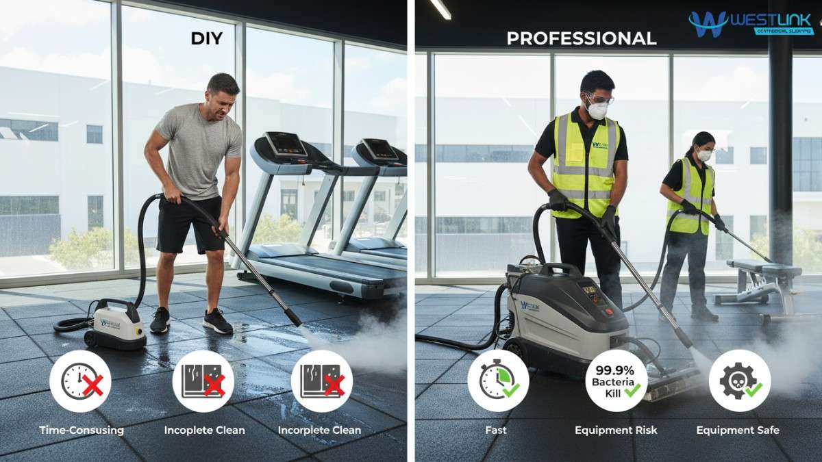 Comparison image contrasting amateur DIY steam cleaning (left, incomplete results) with professional commercial steam cleaning (right, thorough and effective) inside a gym in Silverwater, Sydney, NSW, Australia.