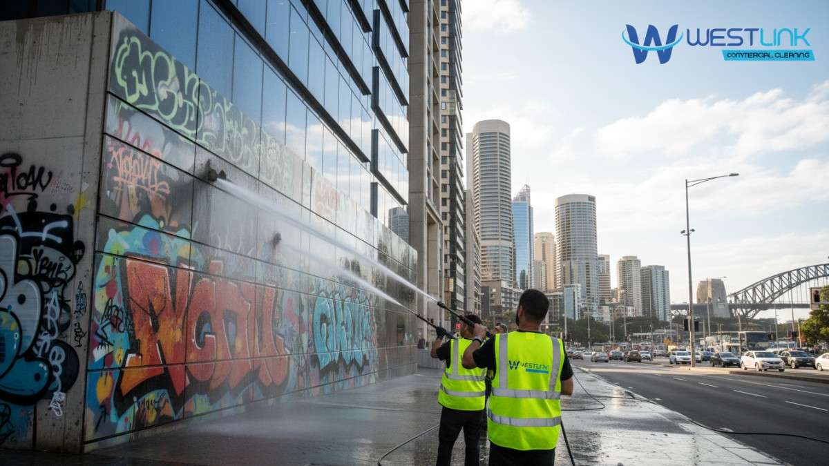 Professional team using pressure cleaning to remove graffiti from a skyscraper wall in Sydney CBD, with city skyline in background.