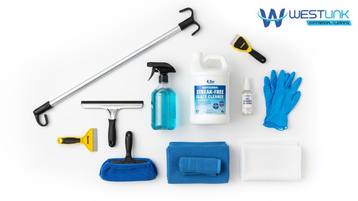 Professional gym mirror cleaning kit laid out on white background including squeegee, microfiber washer, streak-free cleaner, scraper, extension pole.