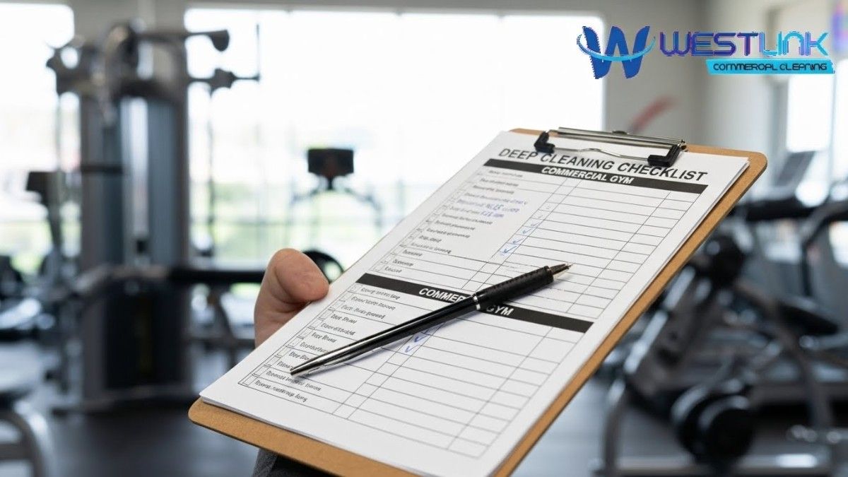 Commercial gym deep cleaning checklist on clipboard with fitness equipment in background by Westlink Commercial Cleaners.