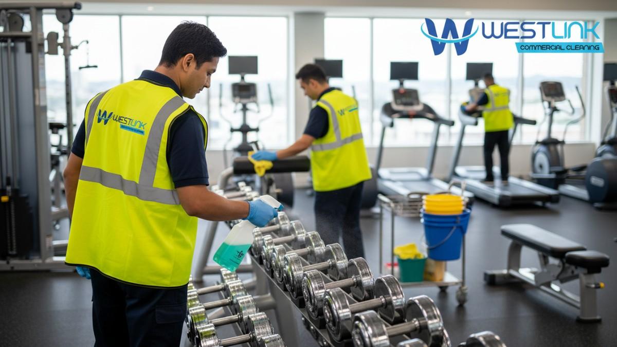 Cleaning professional disinfecting weights and machines in a commercial gym, showcasing thorough equipment sanitation.