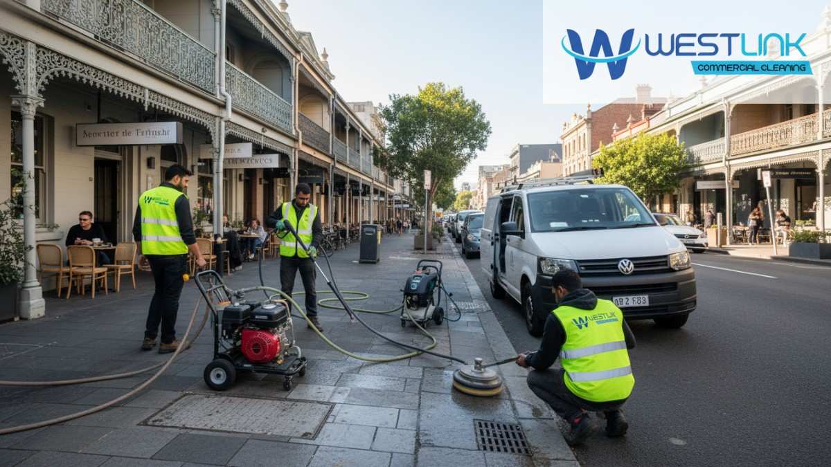 Visual of assorted commercial pressure cleaning equipment in a Paddington, NSW, neighborhood with historic architecture.
