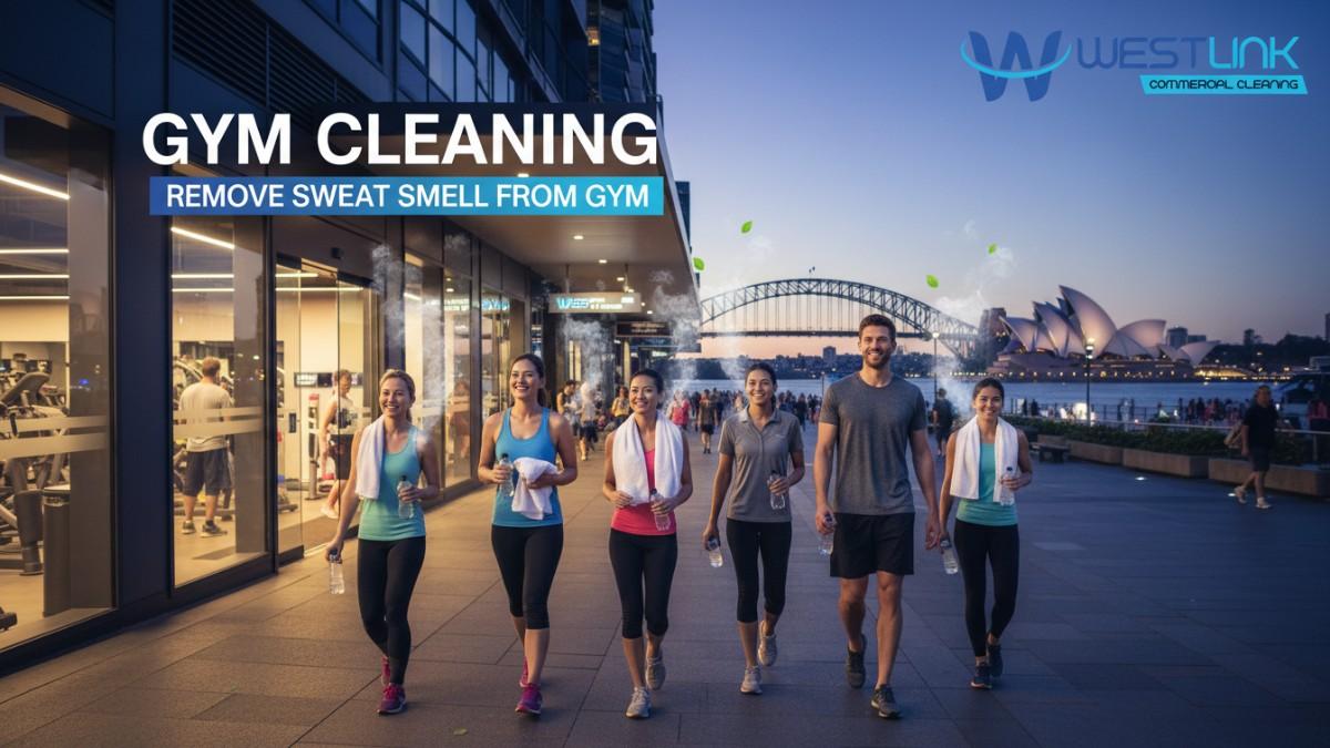 Image for gym cleaning Solutions in Sydney CBD: Gym-goers leaving a modern fitness center sweat-free against the Opera House backdrop.