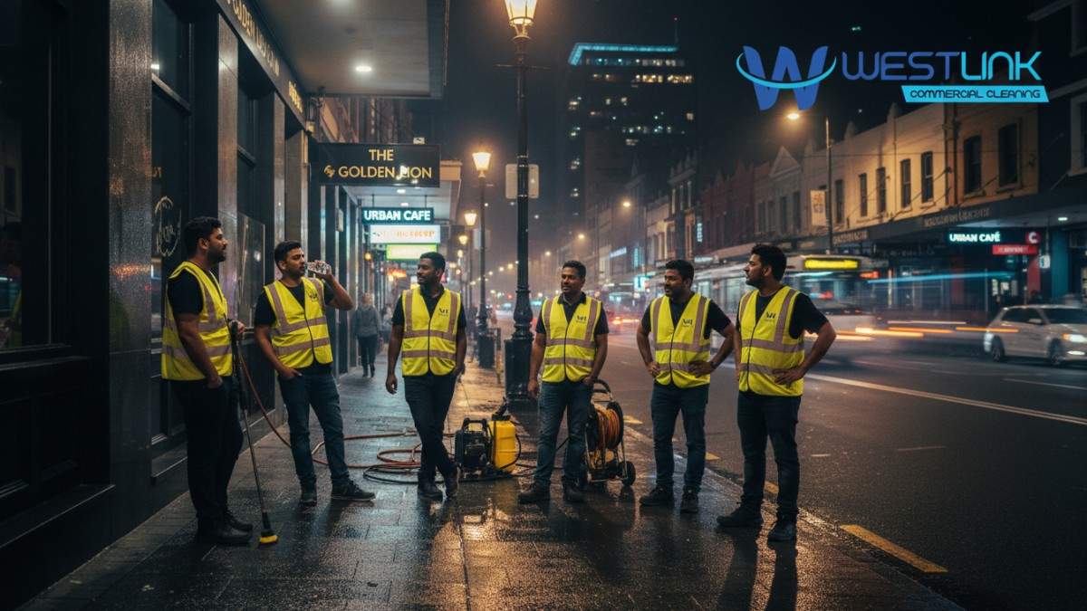 Night view of cleaned commercial spaces in Darlinghurst post-pressure washing, showcasing safety and shine by westlink commercial cleaners. 24/7 services