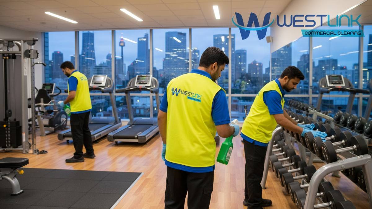 Professional cleaners maintaining gym equipment in a Sydney CBD fitness center