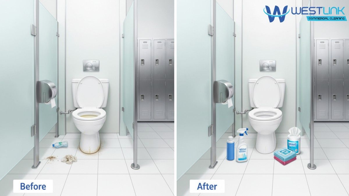 Illustrative split image showing a dirty gym toilet stall on the left and a cleaned, sanitized version on the right with cleaning supplies.