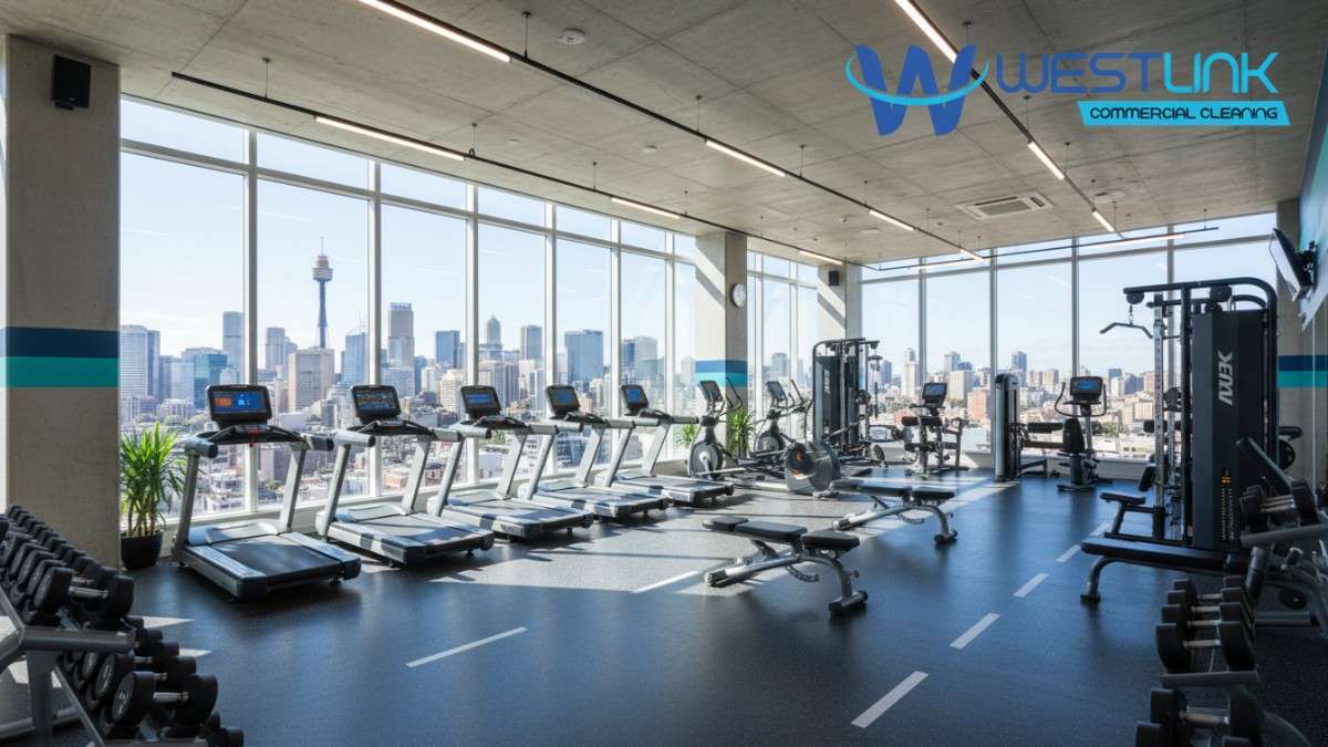 A vibrant display of commercial gym equipment including treadmills and weights in a Sydney CBD-inspired urban gym setting.