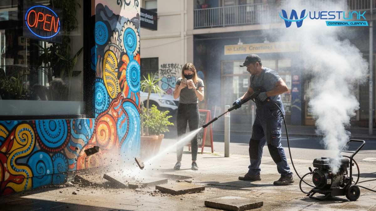 Pressure washing sidewalk in Redfern, with flying debris and signage damage.