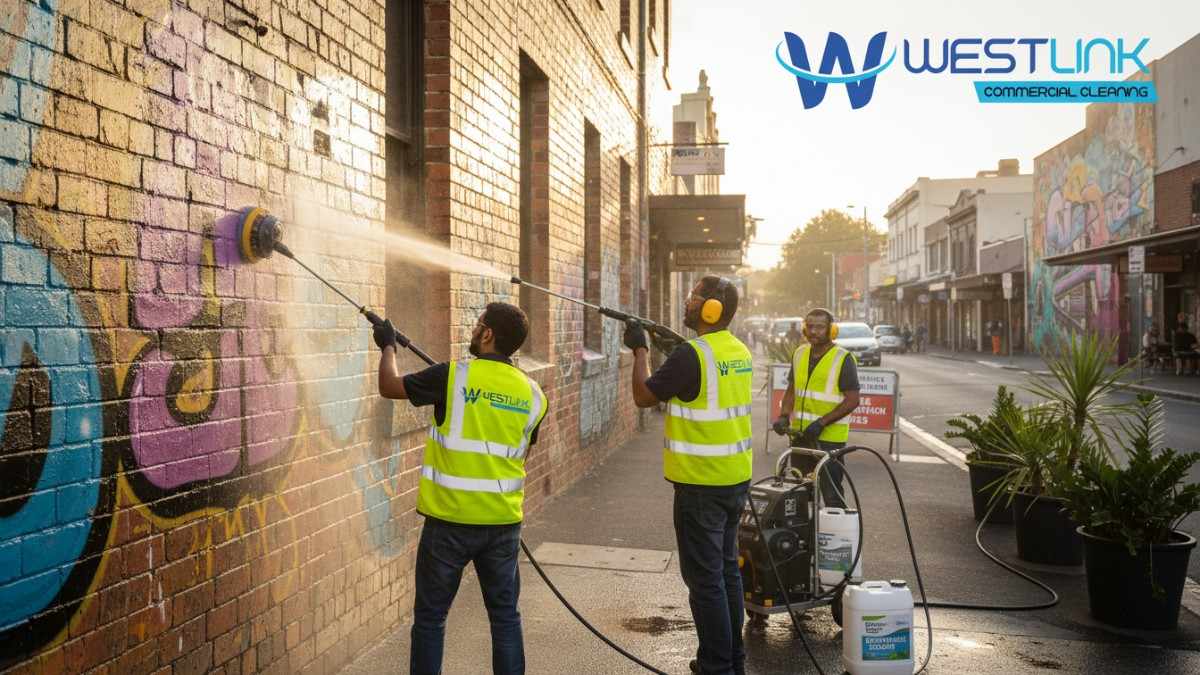 Trained professionals removing graffiti with pressure cleaning on historic bricks in Redfern, demonstrating careful techniques.