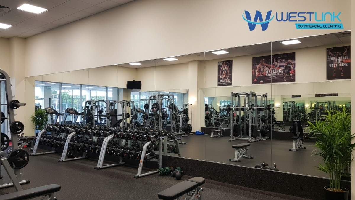 Ultra-clear, professionally cleaned mirrors in a commercial gym environment in Ultimo, NSW, reflecting workout spaces and equipment.