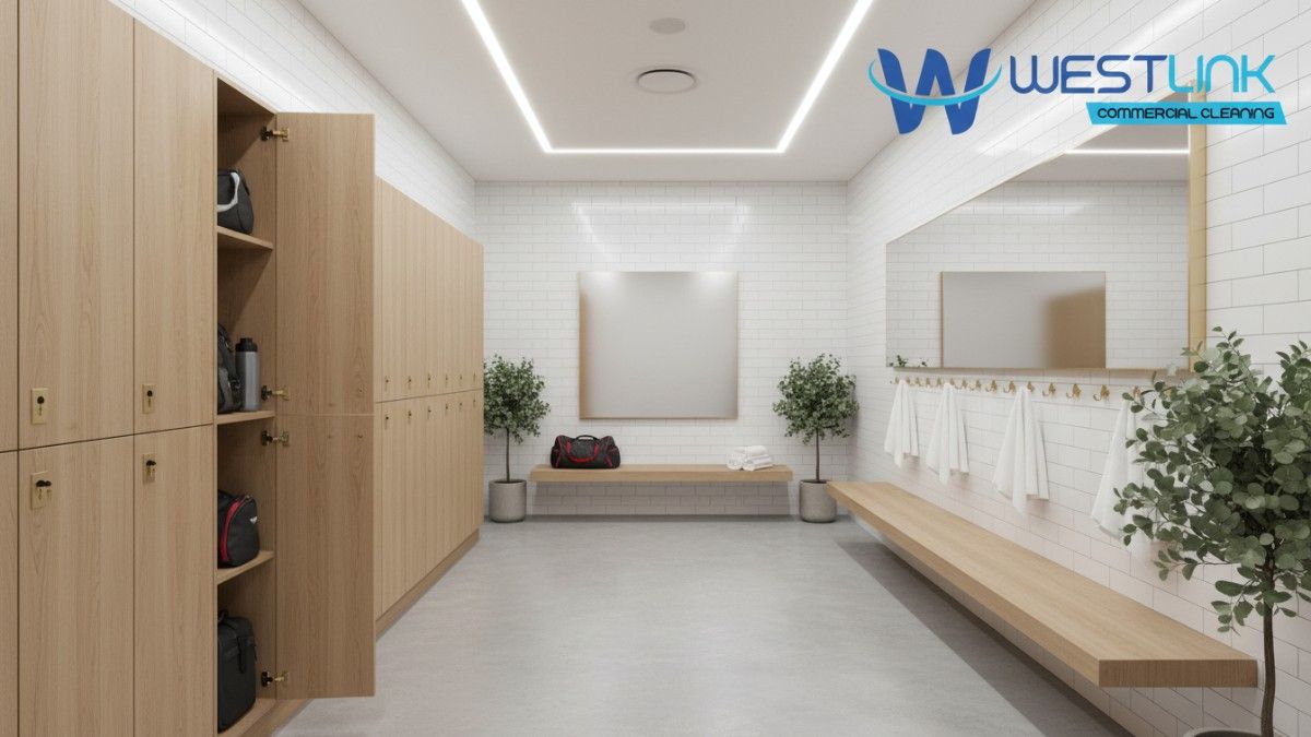 Clean minimalist gym changing room in Sydney, Australia, with wooden lockers and natural plant accents.