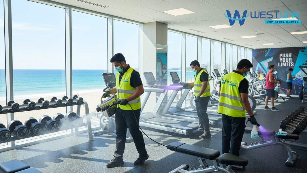 Technicians in PPE performing gym disinfection service with fogging machine, UV light, and antimicrobial spraying on fitness equipment in a Bondi Beach, Sydney gym, resulting in ultra-clean surfaces.