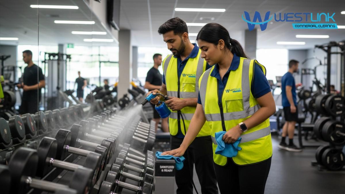 Professional cleaning team in bright yellow branded safety vests using electrostatic spraying and microfiber wiping to perfectly sanitize commercial gym dumbbells and plates.