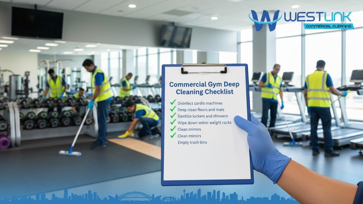 Professional cleaners deep cleaning gym equipment and floors in a Sydney commercial fitness center, with skyline view.