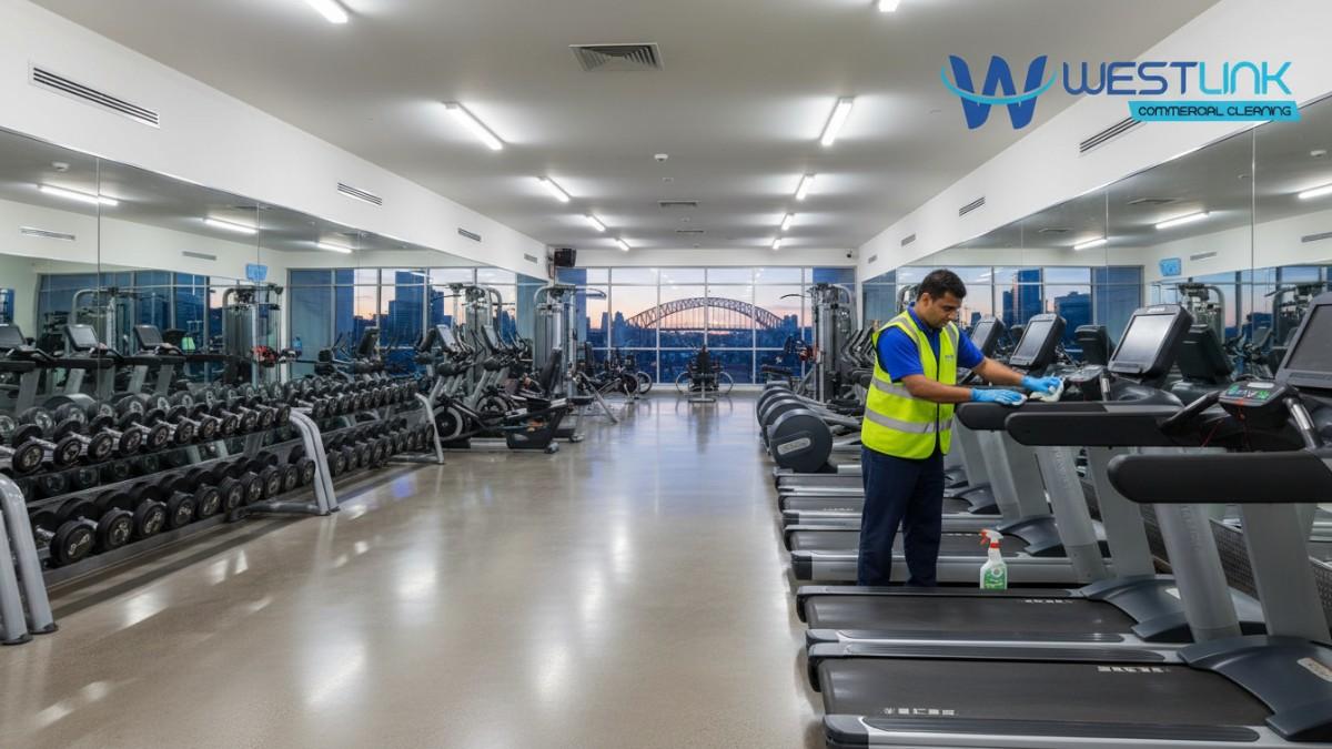 Modern commercial gym in Sydney after professional deep cleaning, with sparkling equipment, cleaner at work, Sydney Harbour Bridge visible through windows.