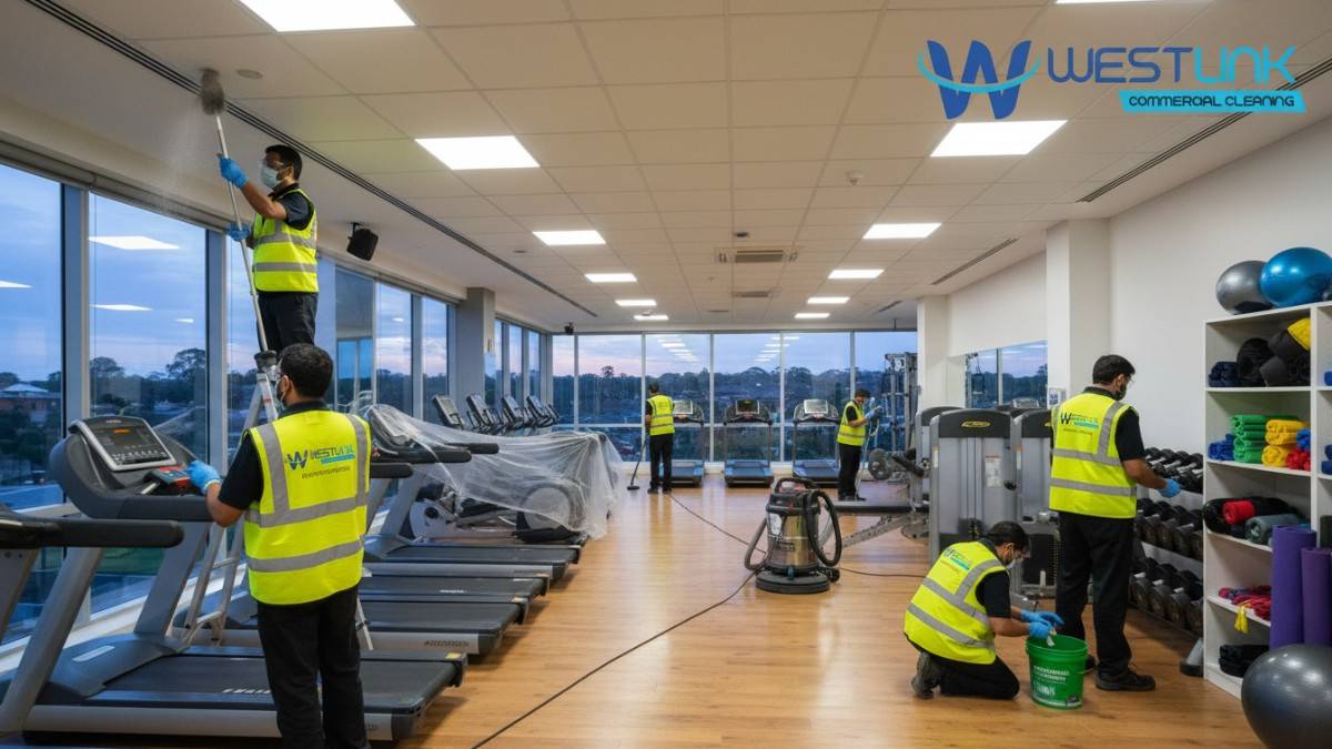 Image of a cleaning crew performing full gym maintenance, including dusting and organizing, in Liverpool, NSW.