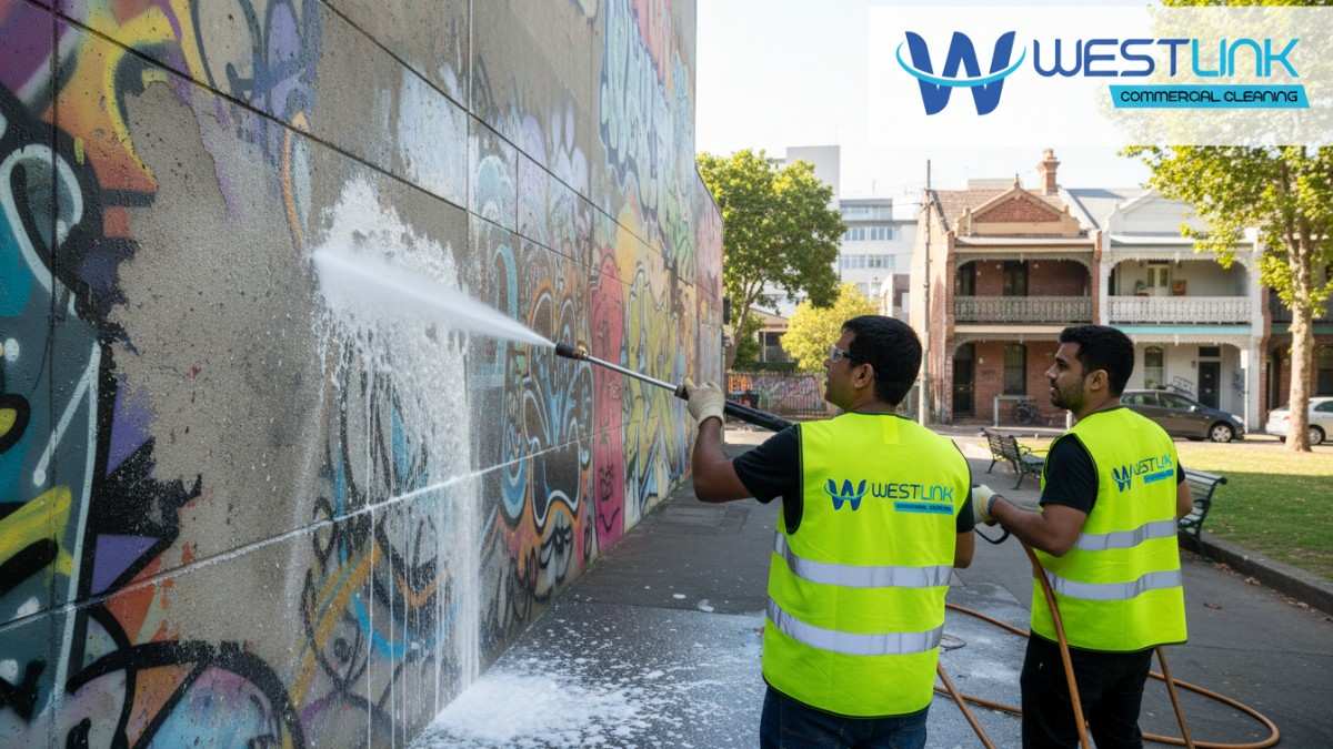 Team pressure cleaning mural graffiti from a community wall in Redfern, surrounded by eclectic urban scenery.