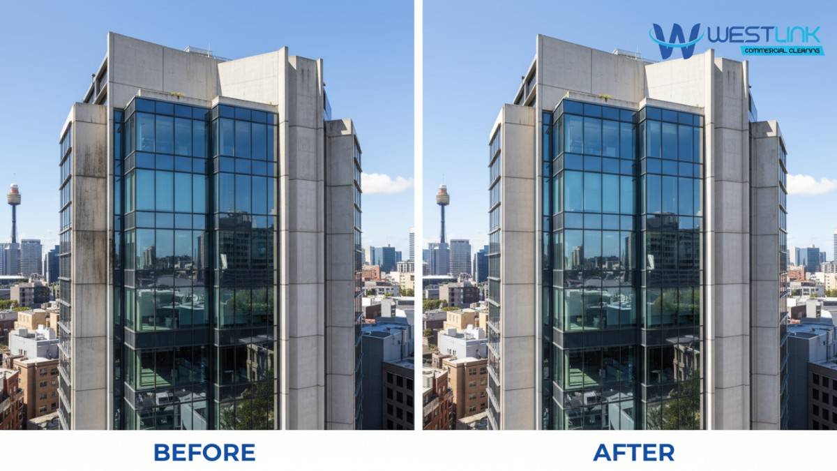 Split image showing the transformation of a grimy high-rise building in Sydney CBD to a clean, maintained facade via commercial pressure cleaning