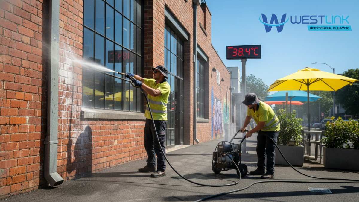 Two workers pressure cleaning a hot brick-and-glass cafe facade in Surry Hills during a 38°C heatwave; water flashes off the surface, leaving white streaks and uneven results, with visible heat haze