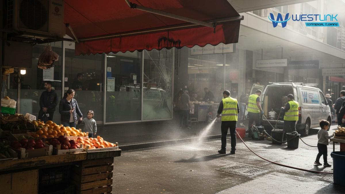 Handheld phone photo of Paddy’s Markets, Haymarket at 8:17 AM: grimy awnings, ineffective hosing, cracked glass, and foot traffic navigating stains and pests.