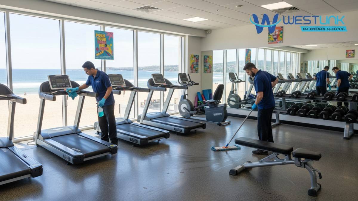 Cleaners performing standard cleaning on gym equipment including treadmills and weights in a Bondi Beach, Sydney commercial gym, showing mops, cloths,