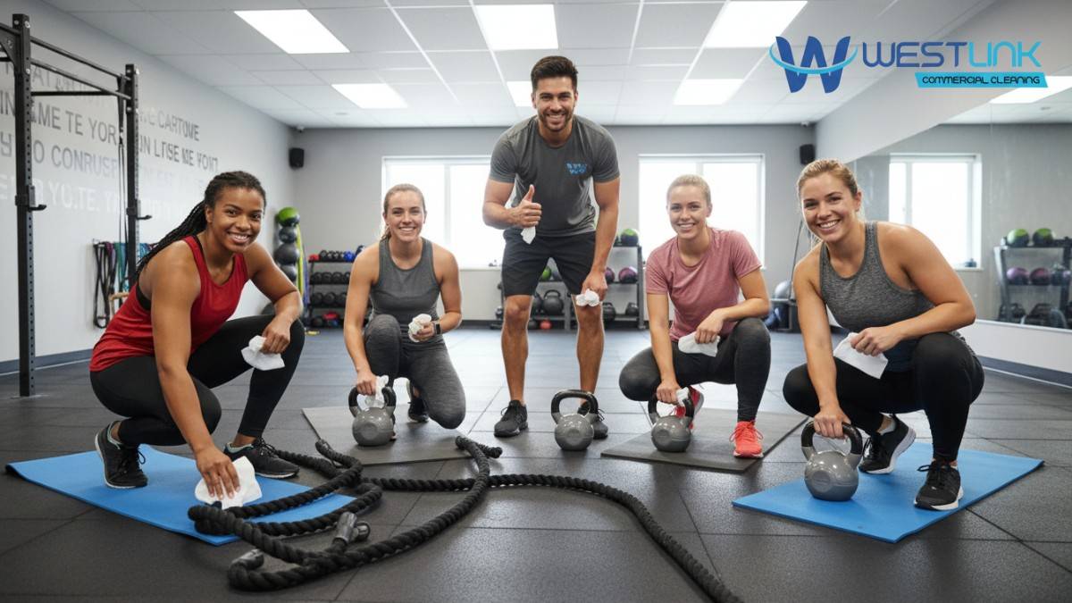 Group of gym members cleaning equipment together after class.