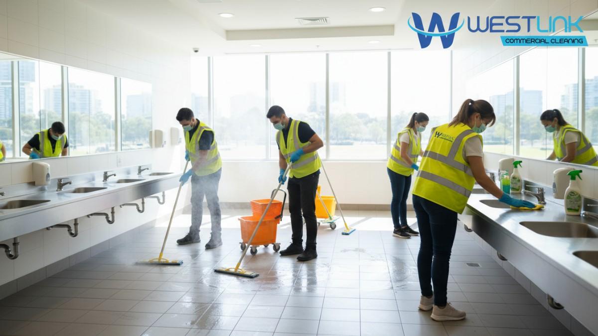 High-res image of two cleaners mopping tiled floors and cleaning sinks in a bright commercial gym restroom with eco-friendly supplies.