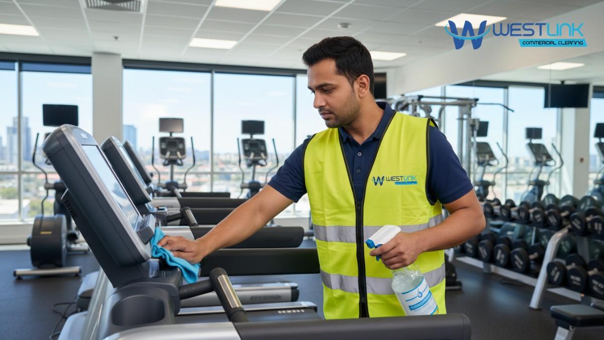 Close-up realistic photo of Westlink cleaner in bright yellow vest with neat logo on front and back, disinfecting gym equipment in a Parramatta Sydney commercial gym by Westlink Commercial Cleaner.