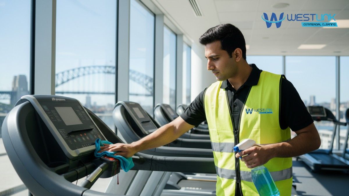 Gym staff correctly cleaning treadmill belt and rails in Sydney commercial gym