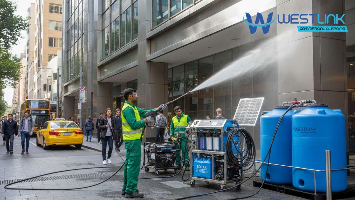 Eco-friendly pressure cleaning team working on a building facade in Haymarket, NSW