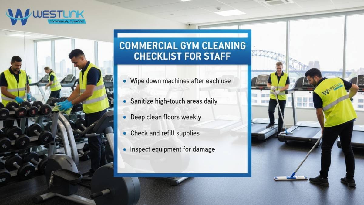 Infographic image of a 'Commercial Gym Cleaning Checklist for Staff' with bullet-point tasks overlaid on a gym background featuring staff in yellow vests cleaning equipment, set in a Sydney, NSW, Australia commercial gym.