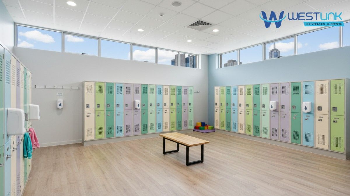 Spacious family-oriented gym changing room in Melbourne, Australia, with colorful lockers and child-friendly features.