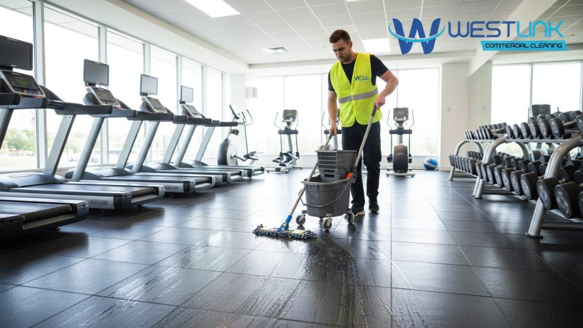 Westlink Professional cleaner mopping the floor in a modern commercial gym with exercise equipment in the background, promoting daily gym cleaning services.