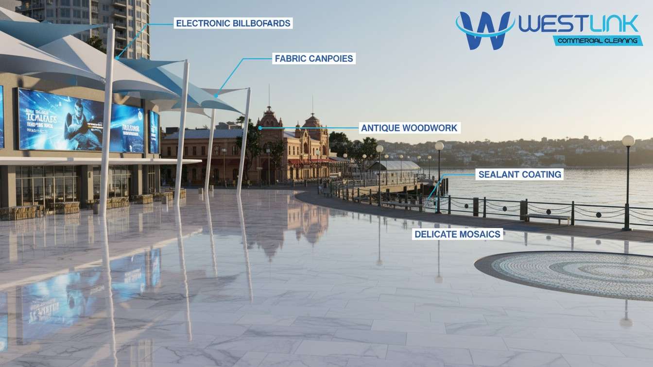 Infographic showing surfaces to avoid in commercial pressure cleaning in Darling Harbour, Sydney, featuring polished marble and electronic billboards