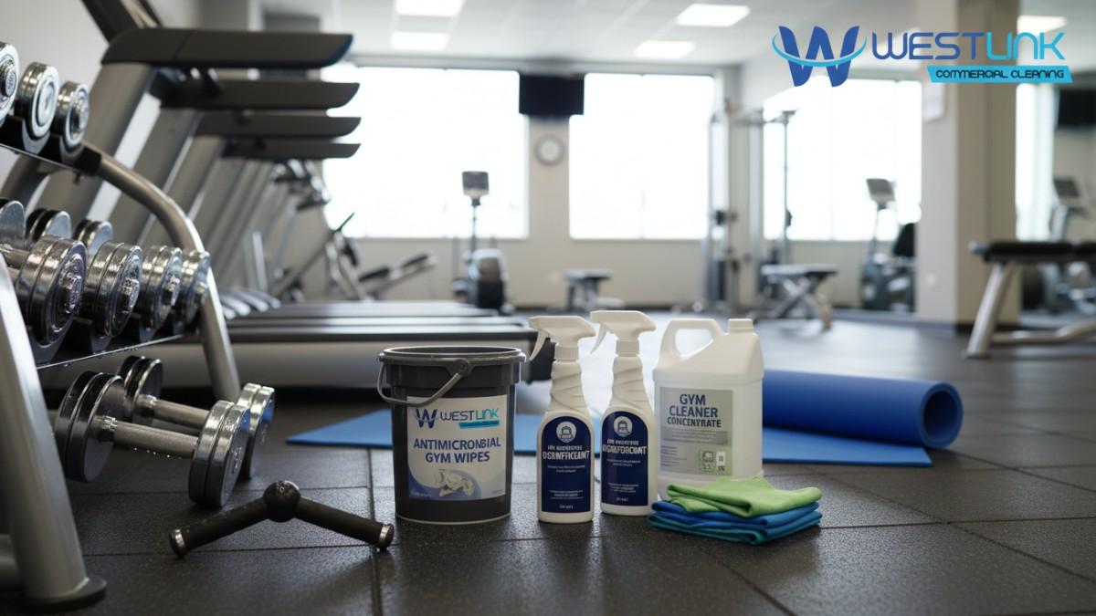 Arrangement of safe cleaning products including disinfectant sprays, antibacterial wipes, and cloths alongside clean gym equipment like dumbbells and treadmill.