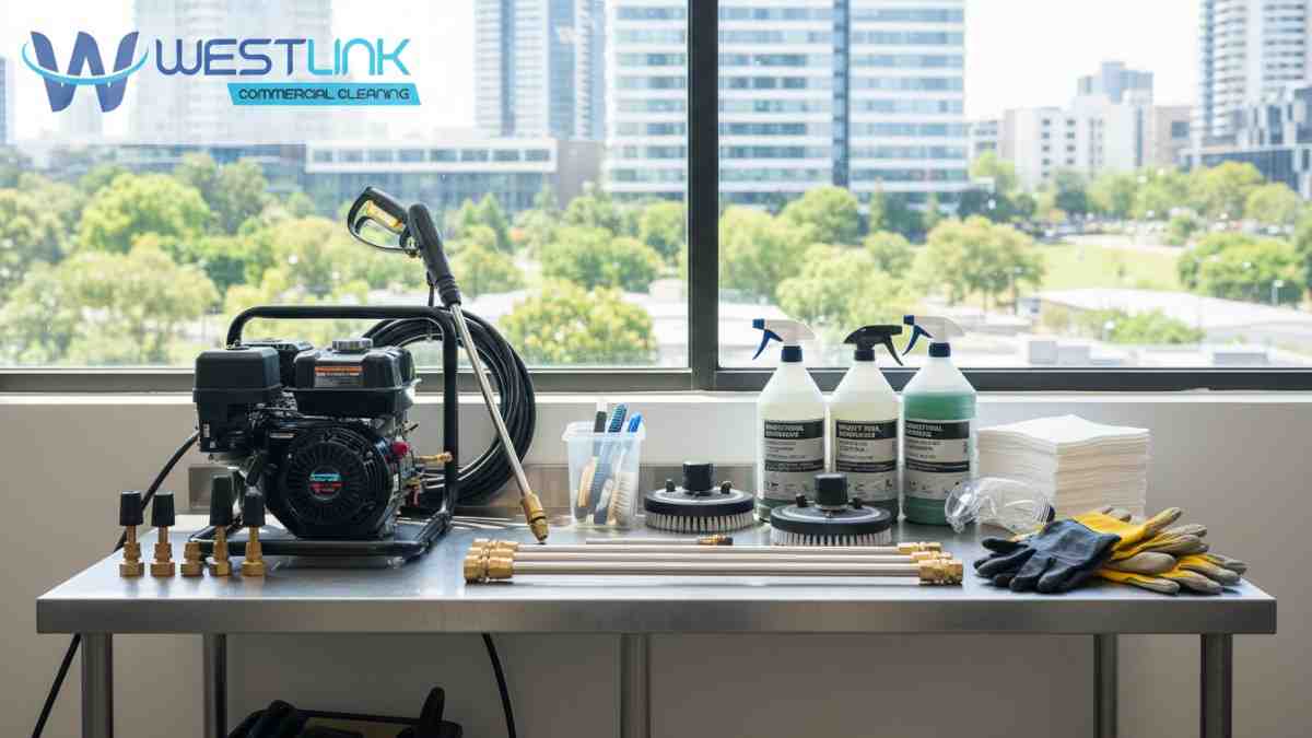 Array of pressure cleaning tools and products for removing oil and grease, displayed in a Chatswood workshop with Sydney elements