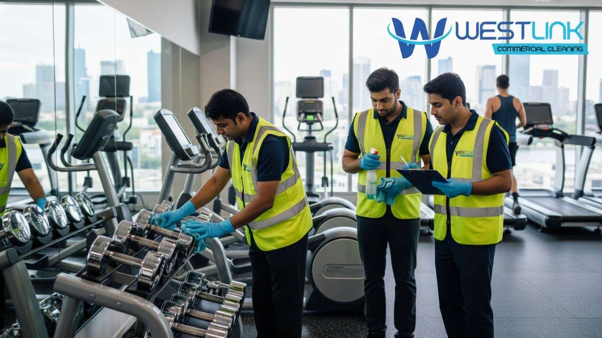 Westlink Commercial Professional cleaners disinfecting workout machines as per standard gym hygiene protocols in Parramatta, Sydney.