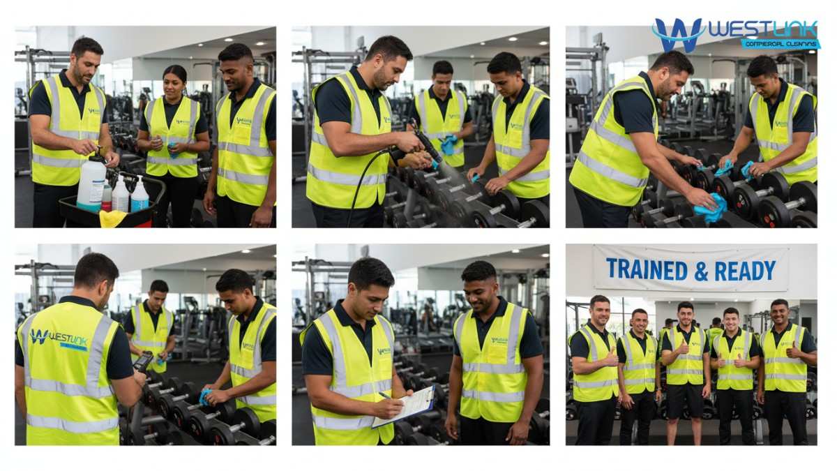 Hands-on staff training session with all team members in bright yellow branded safety vests learning professional dumbbell and free-weight sanitization techniques.
