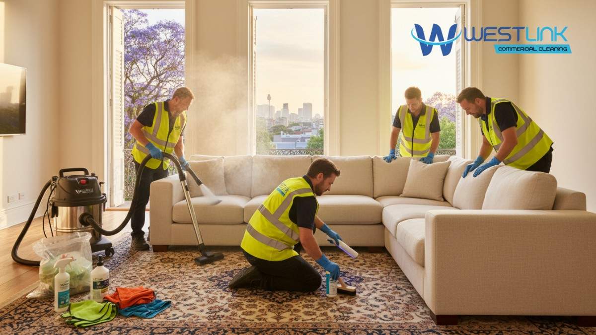 Professional 4-person team using extraction, UV-C, and enzyme treatments to eliminate germs from sofa and rug in a Surry Hills apartment by Westlink Commercial Cleaners